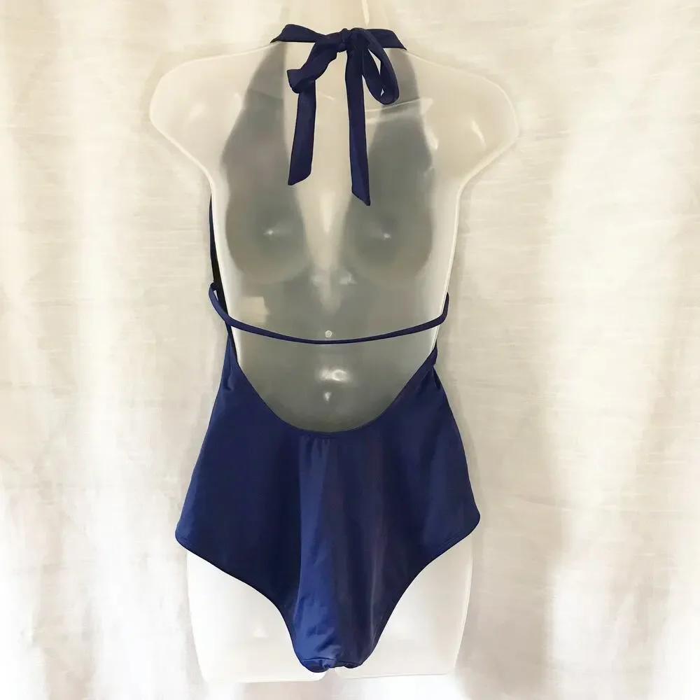 LANDS END sexy blue plunge tank one piece swimsuit
